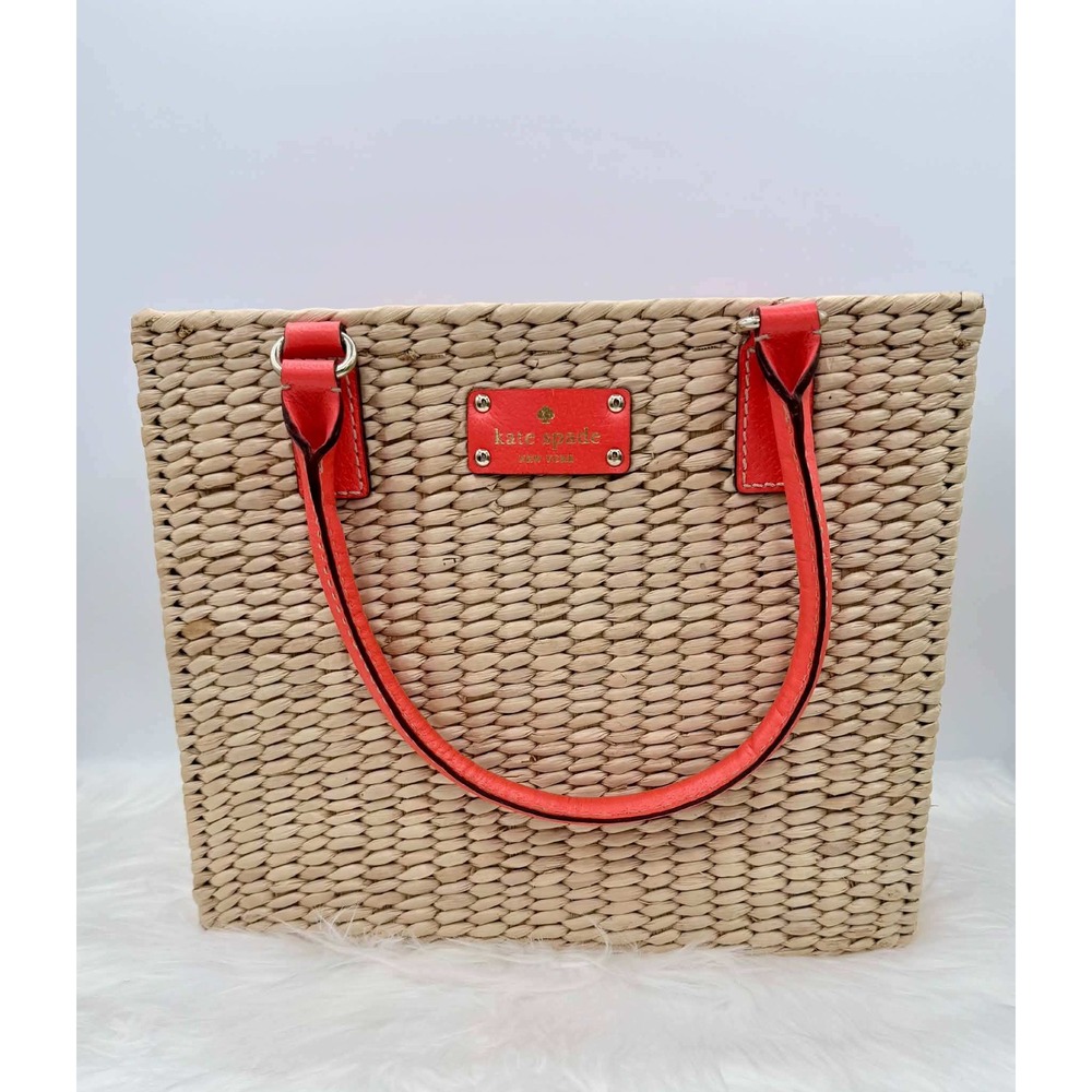 Kate Spade New York Beige Wicker Basket Tote Orange Leather Shoulder Bag